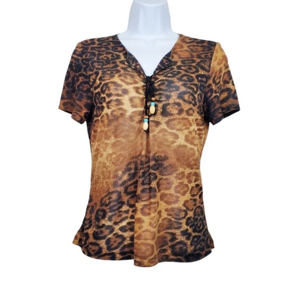 ABS Womens Short Sleeve Brown Mesh Tie Front Leopard Animal Print Top Size S